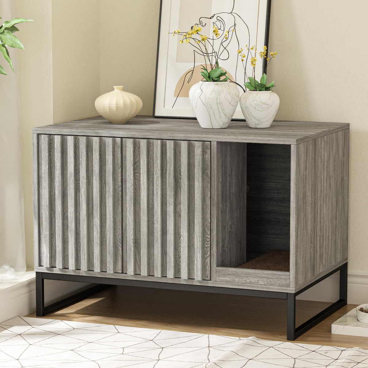Halitaa litter box enclosure front view with wood-effect finish and privacy
