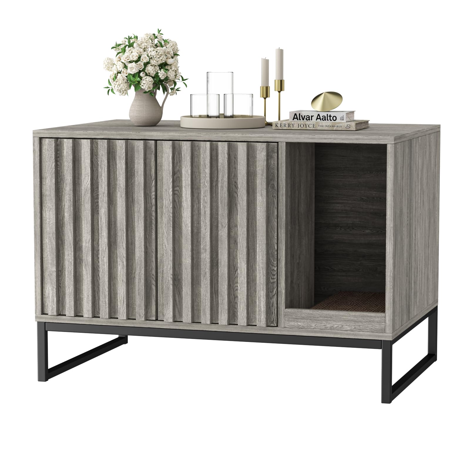 Halitaa grey wood-effect finish blends with modern living room furniture