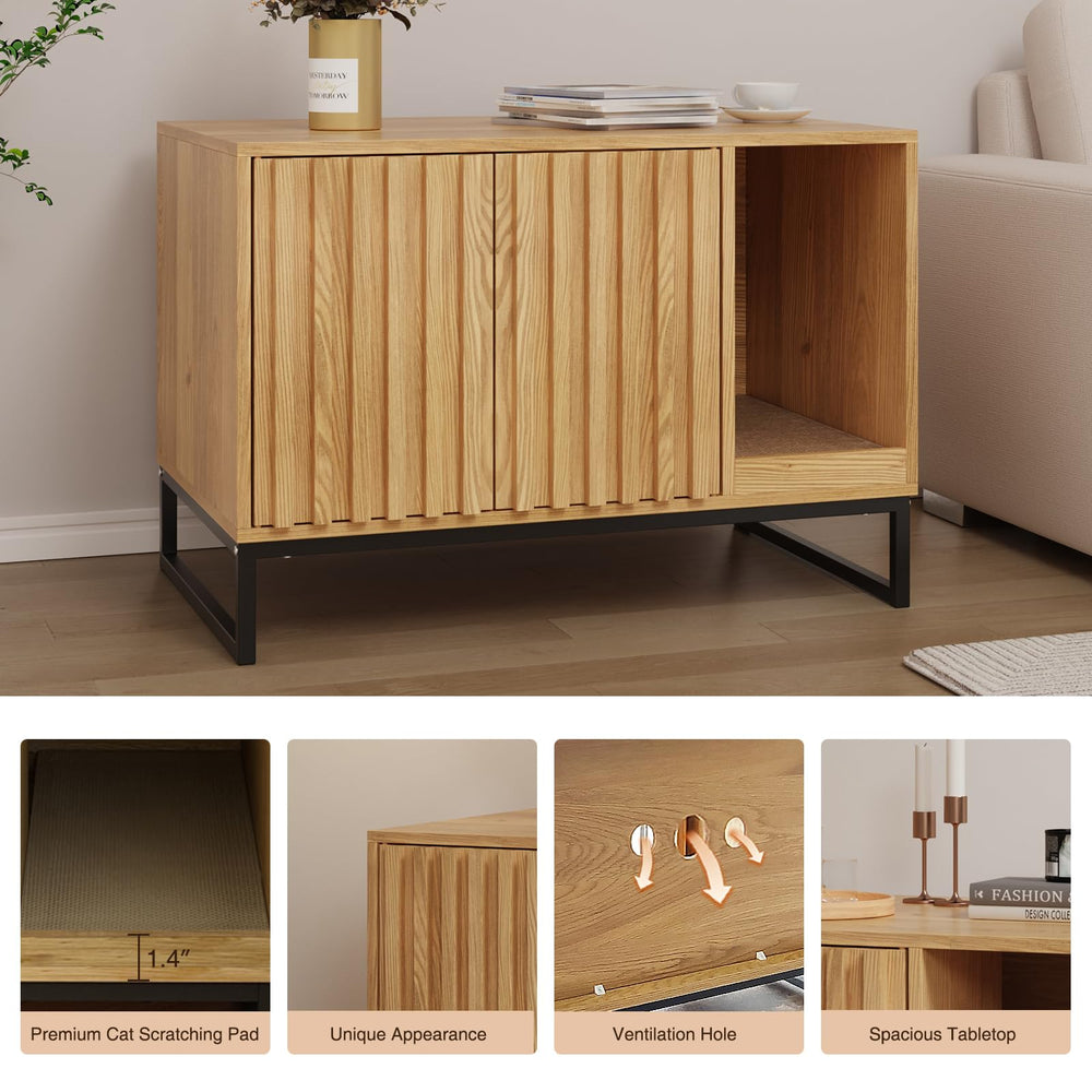 Halitaa unit blends wood-effect finish with black iron for bold contrast.