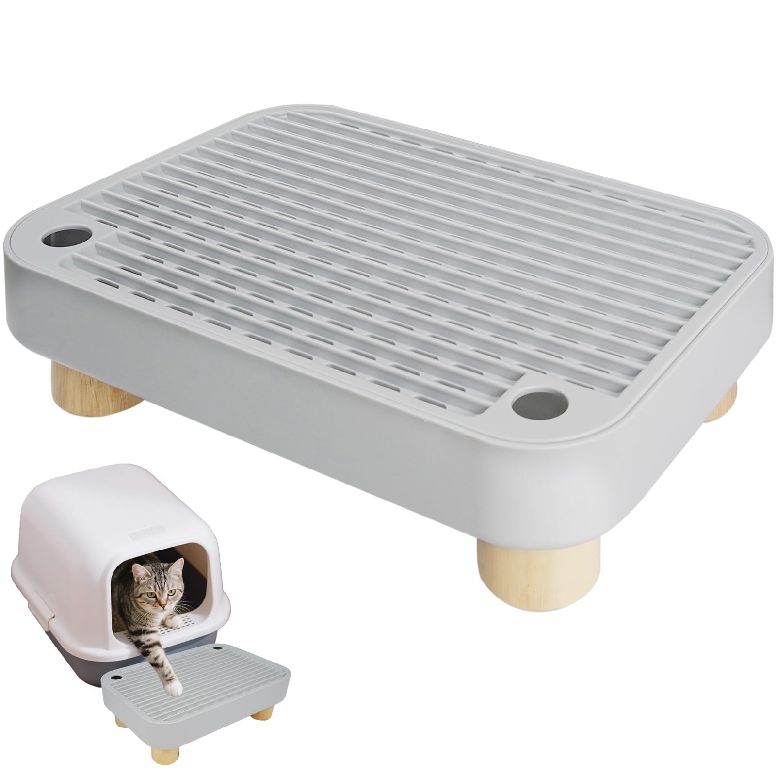 HALKYDY automatic litter box step with wooden top enables quick cleanup after use.