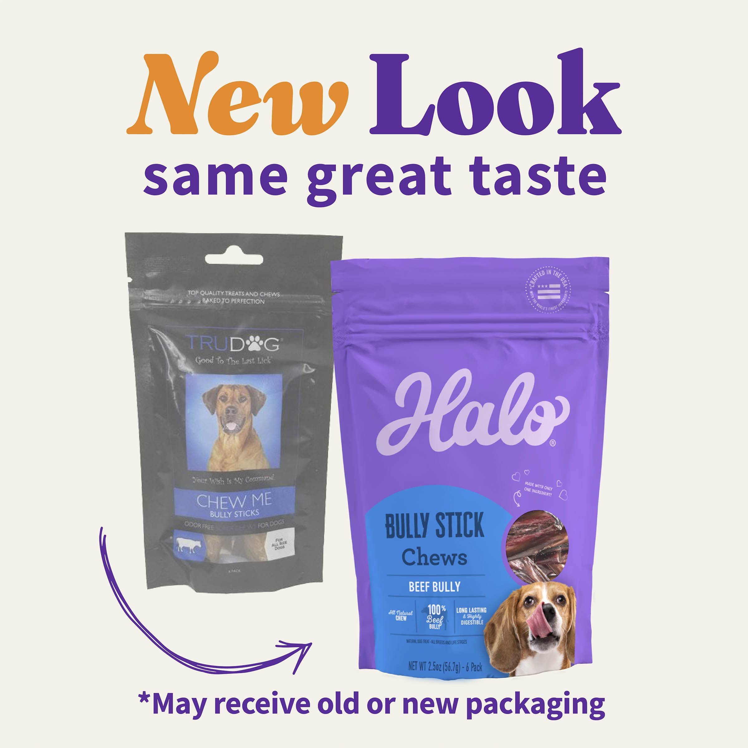 Halo Bully Stick 2oz pouch on shelf demonstrates convenient, all-natural treat.