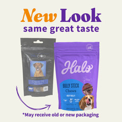 Halo Bully Stick 2oz pouch on shelf demonstrates convenient, all-natural treat.