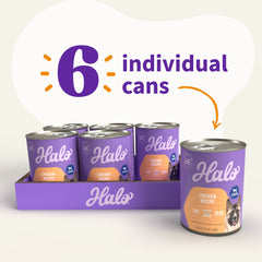 Halo chicken recipe wet dog food bowl suggests a savory complete meal for aging dogs.