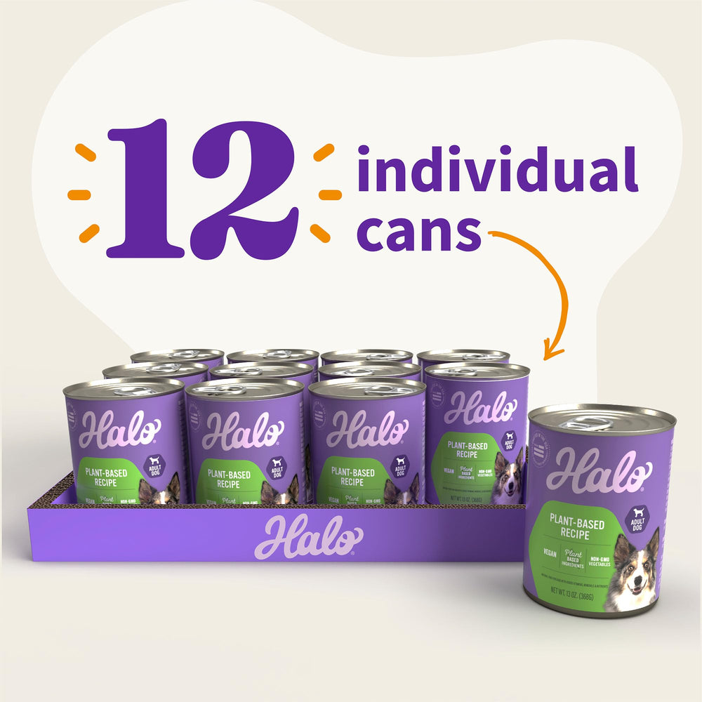 Halo Garden of Vegan canned dog food texture showing colorful vegetables and hydration for picky eaters.