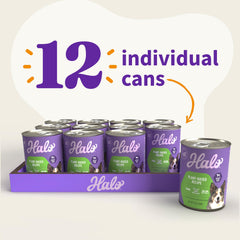 Halo Garden of Vegan canned dog food texture showing colorful vegetables and hydration for picky eaters.
