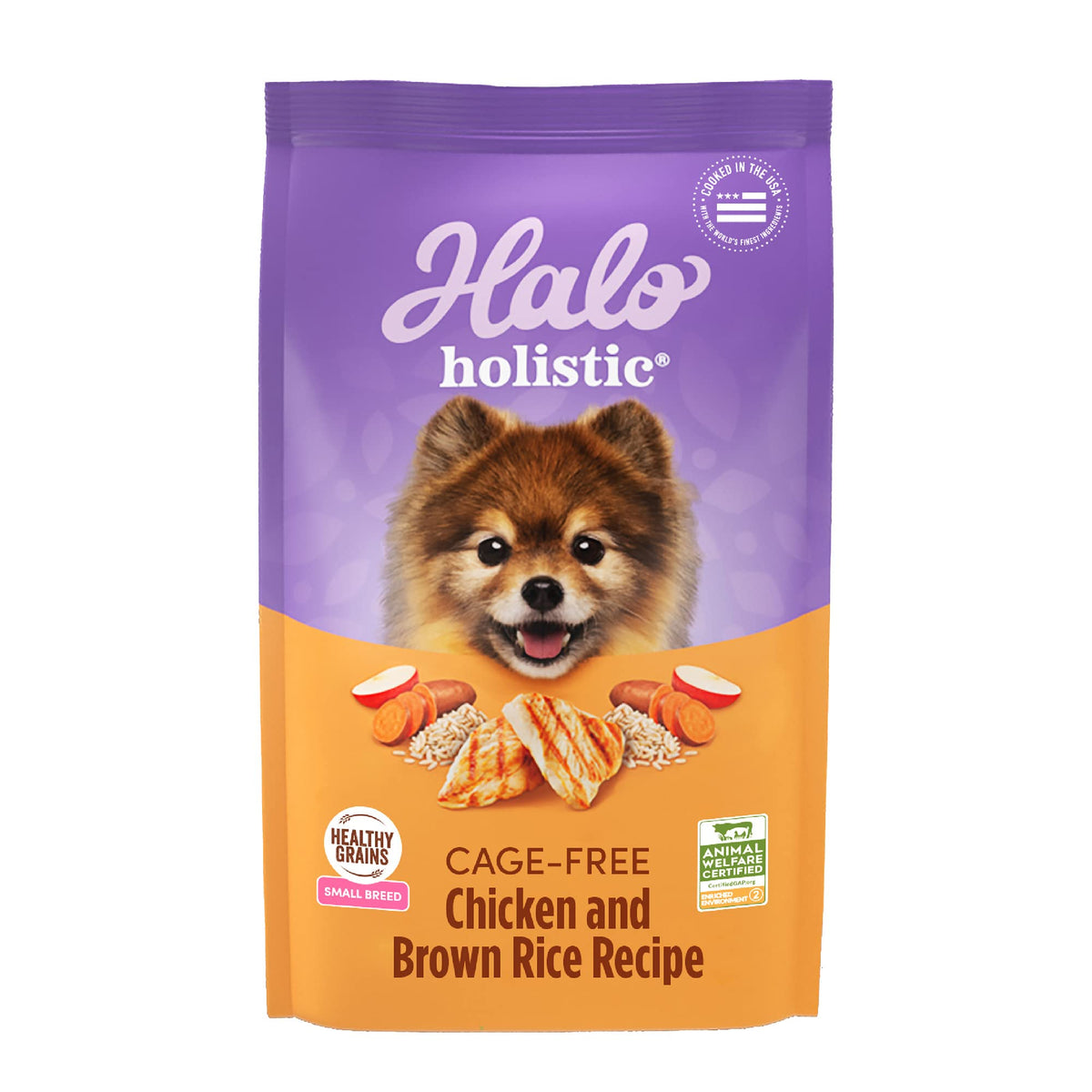 Halo Holistic cage-free chicken and brown rice dry dog food for small breeds, real chicken first ingredient.