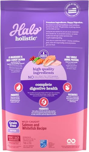 Halo Holistic Kitten Food with wild salmon shows wholesome protein focus for kittens