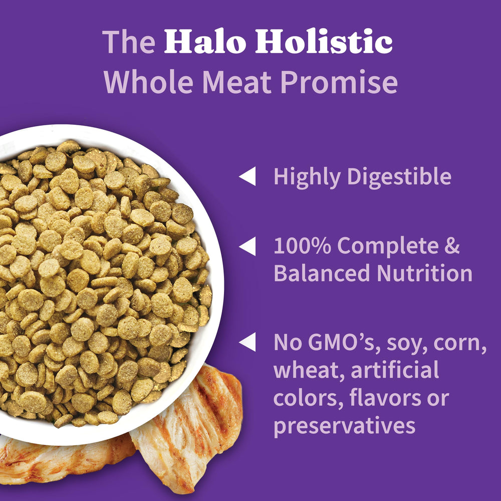 Halo Holistic cage-free chicken free of corn wheat soy and artificial preservatives.