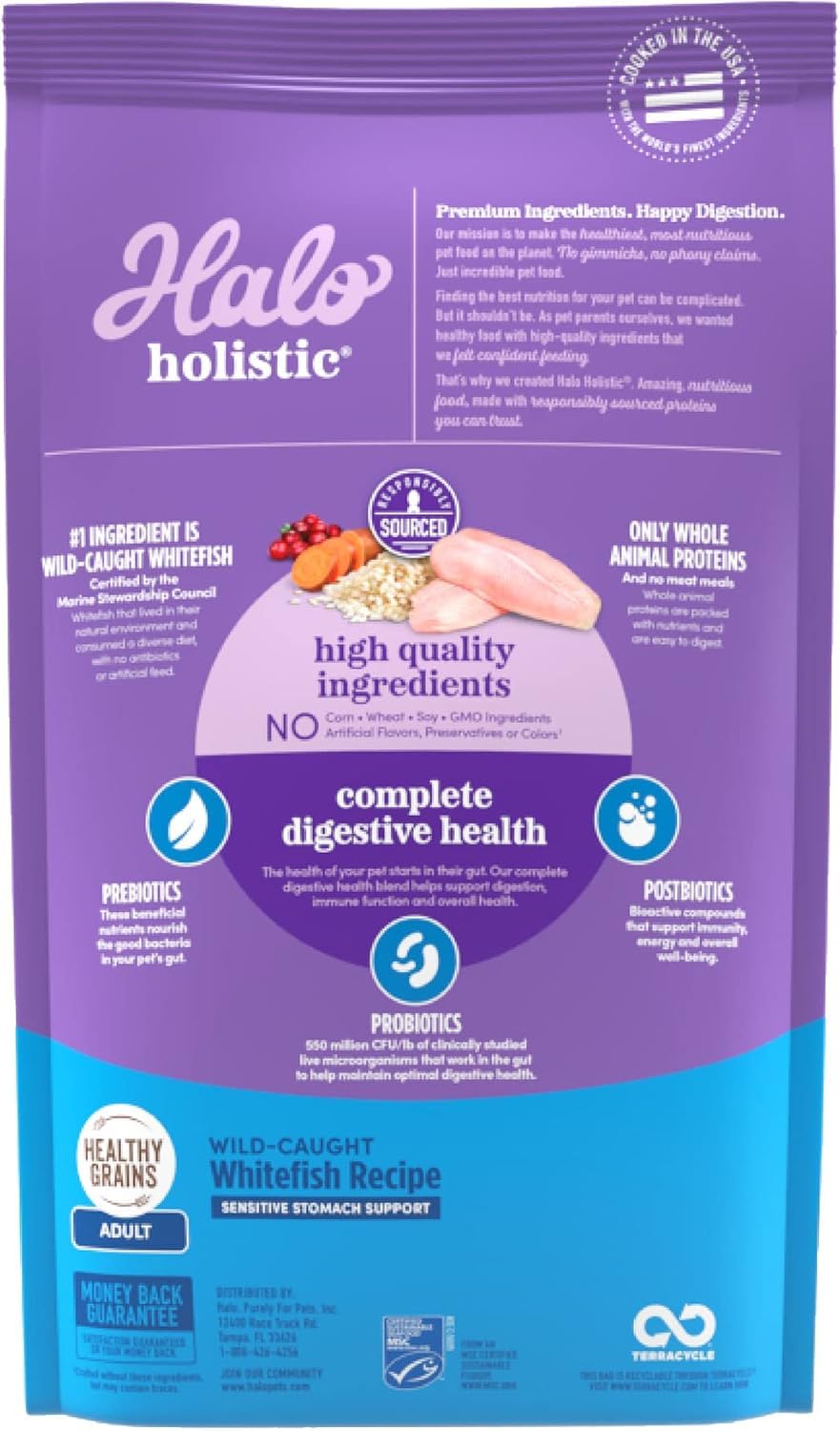 Halo Holistic whitefish first-ingredient kibble closeup highlights protein-rich bites for energy and muscle support.