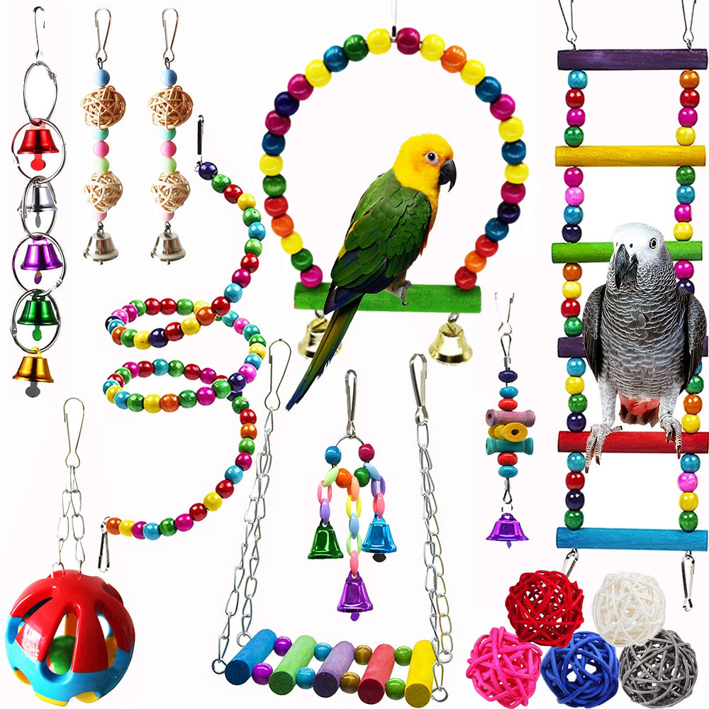 Hamiledyi 15pack bird toy set swing image promotes active play and mental stimulation for parrots.