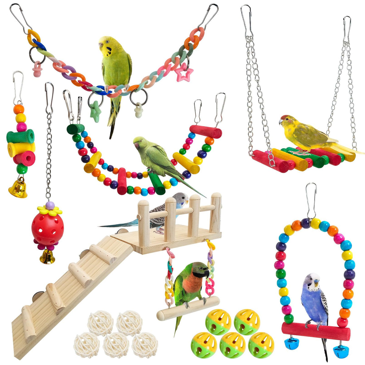 Hamiledyi 17Pcs parrot toys set assembly demonstrates engaging enrichment for energetic birds.