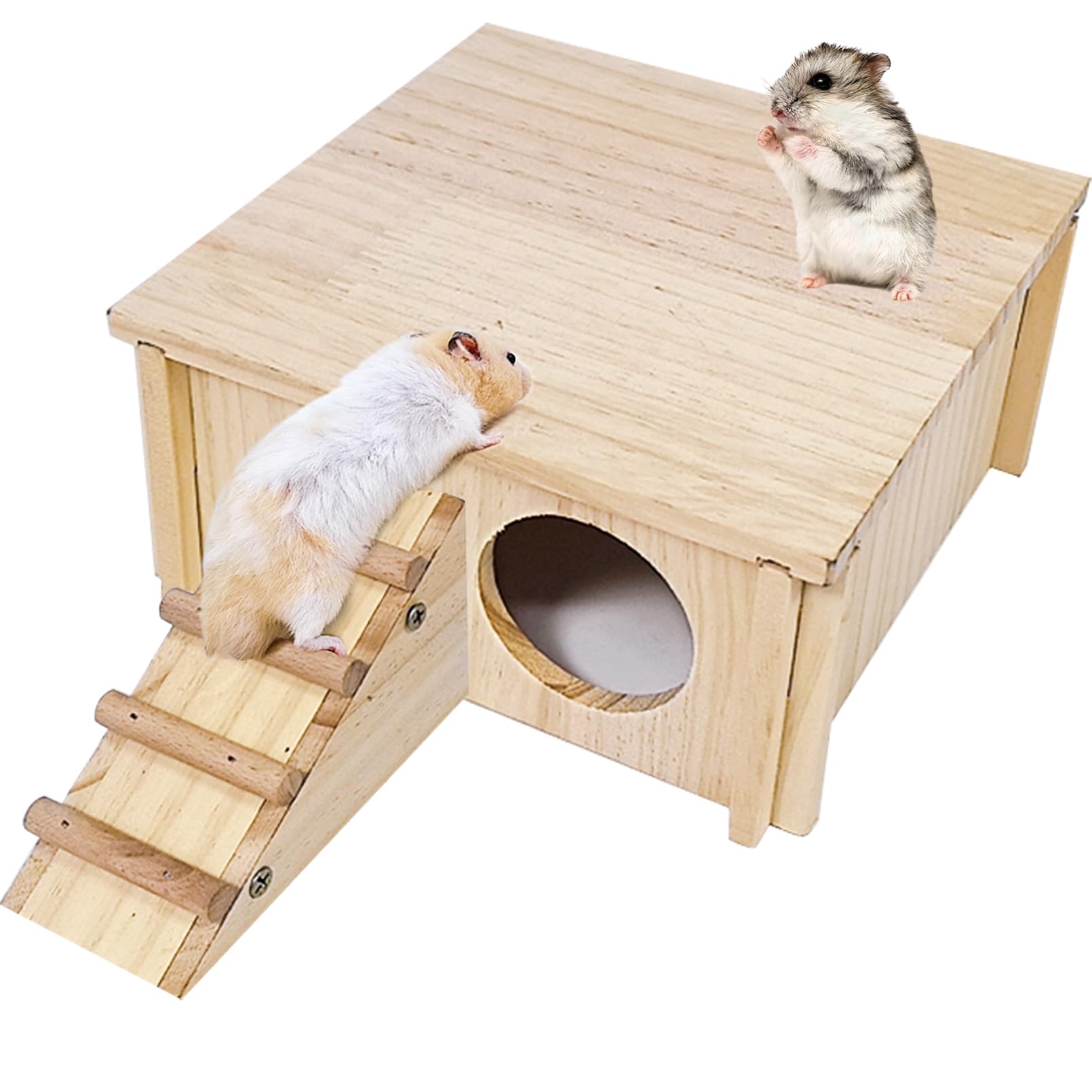 Hamiledyi hamster wooden house with ladder offers a cozy hideout for rest and play.
