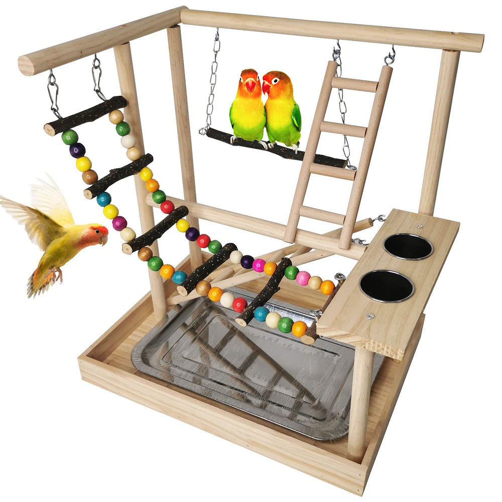 Hamiledyi Parrots Playground wooden stand assembly demonstrates a sturdy indoor bird play setup