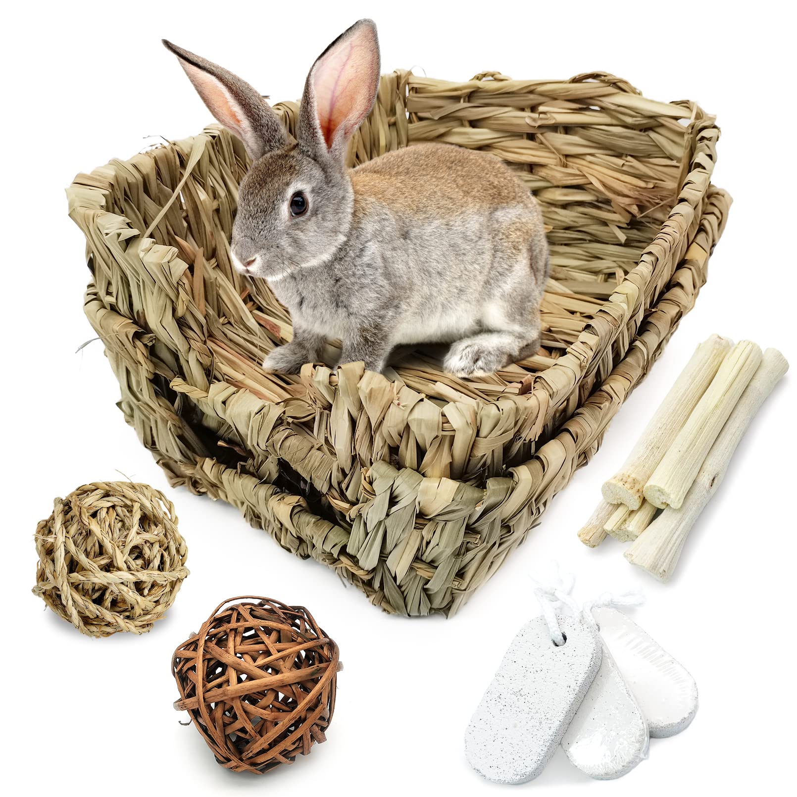 Hamiledyi rabbit grass bed 12-pack contents show natural play and dental-friendly toys.