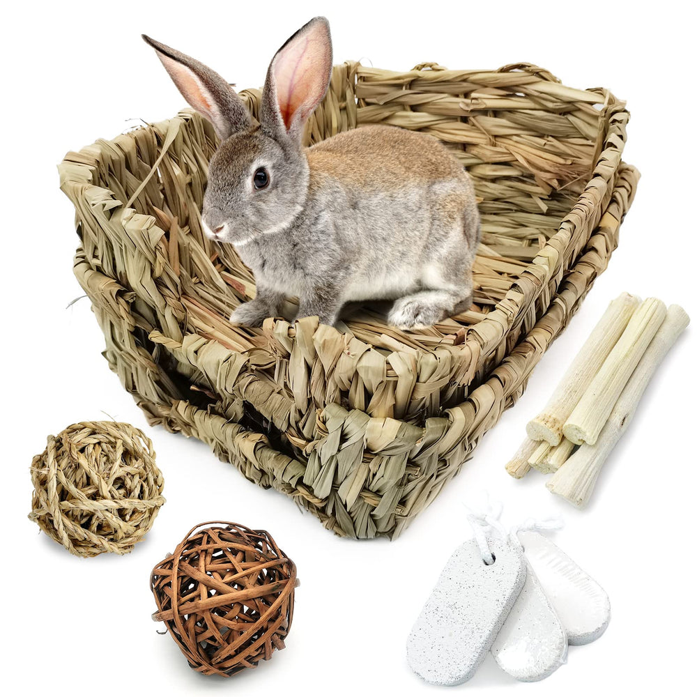 Hamiledyi rabbit grass bed 12-pack contents show natural play and dental-friendly toys.