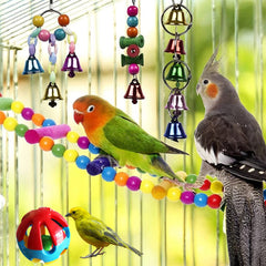 Hamiledyi wooden hanging bell toy emphasizes vibrant colors and crisp bell sounds for curious birds.