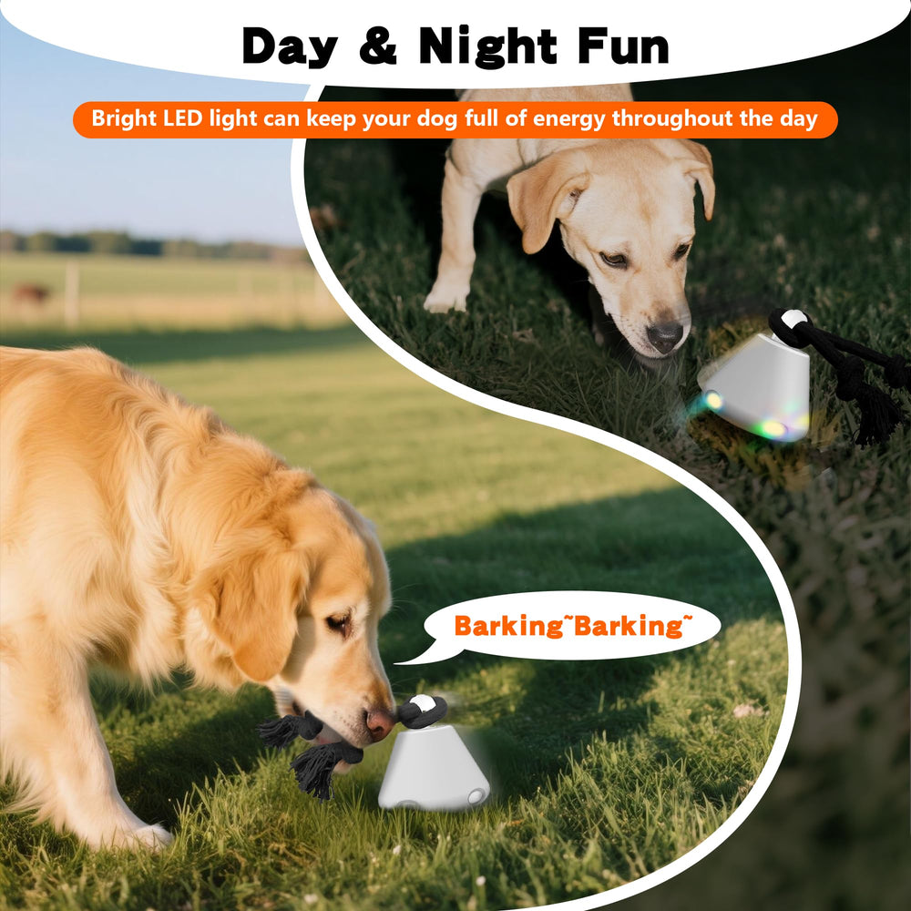 Hanarook interactive dog ball rope attachment sways as it rolls for tug and chase.