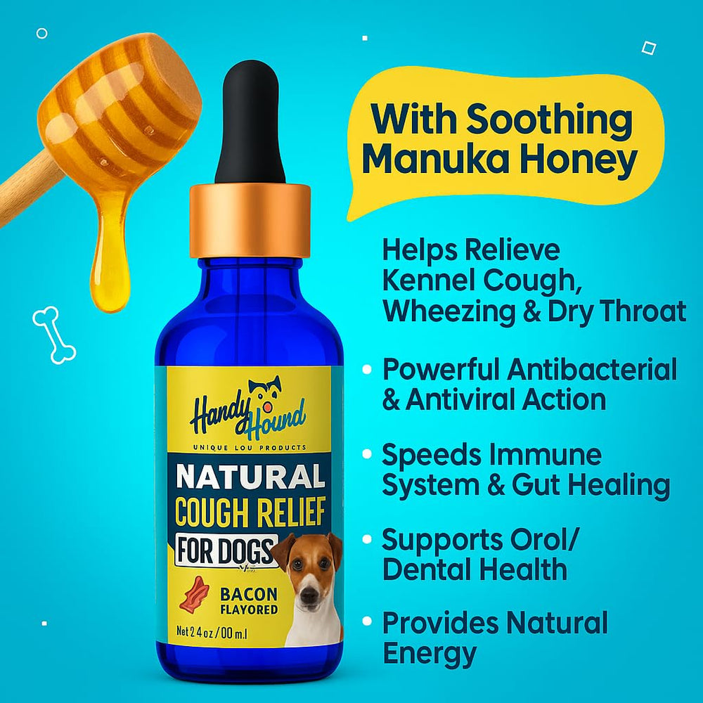 Handy Hound Manuka honey dog cough syrup bottle for soothing throat comfort.