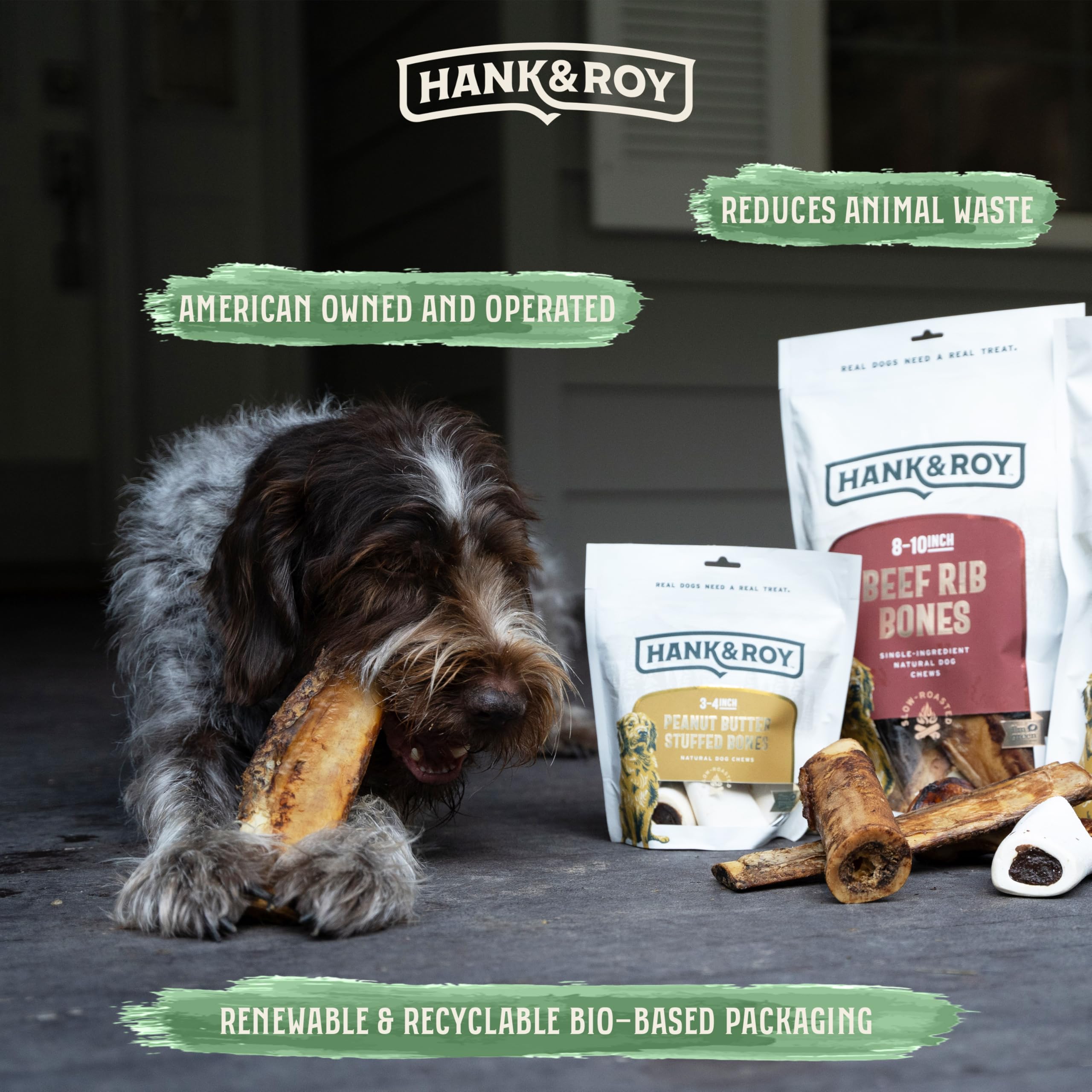 Hank & Roy 5-stage baking process badge signals low-odor, long-lasting rib bones