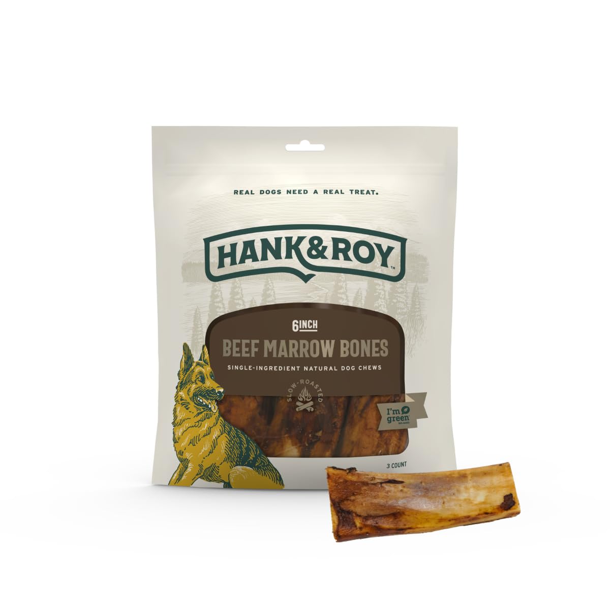 Hank & Roy beef marrow bone close-up for lasting chew and engagement.