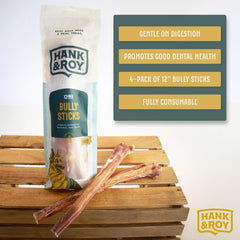 Hank and Roy bully sticks 12in pack aroma-free processing image highlights low-odor appeal.