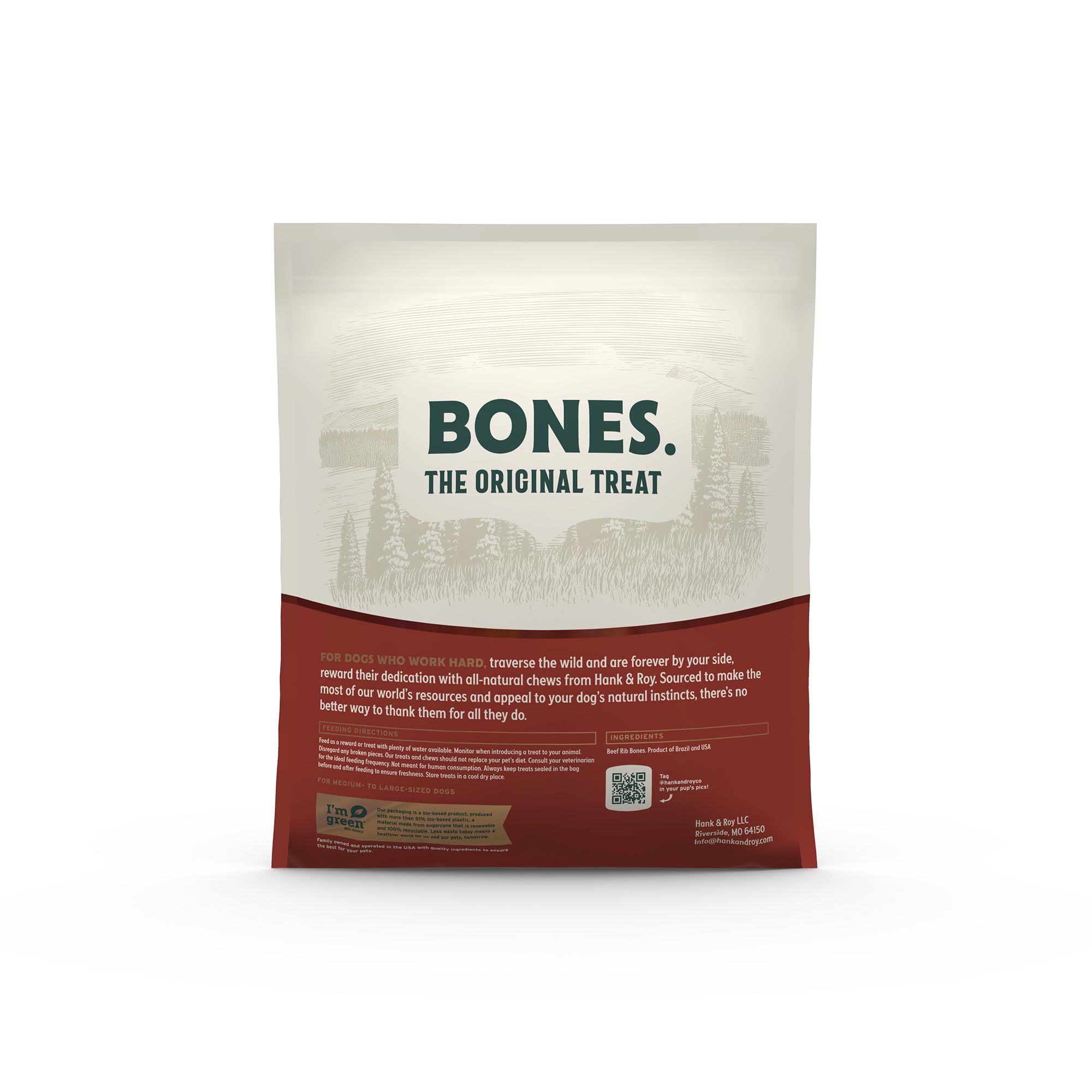 Hank and Roy packaging closeup beef rib bone shows freshness and odor control benefits.