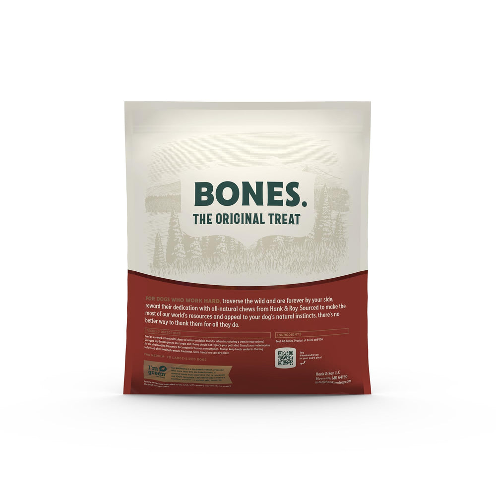 Hank and Roy packaging closeup beef rib bone shows freshness and odor control benefits.