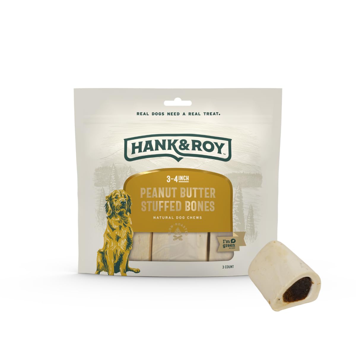 Hank and Roy peanut-butter-filled dog bones pack shot for long-lasting entertainment