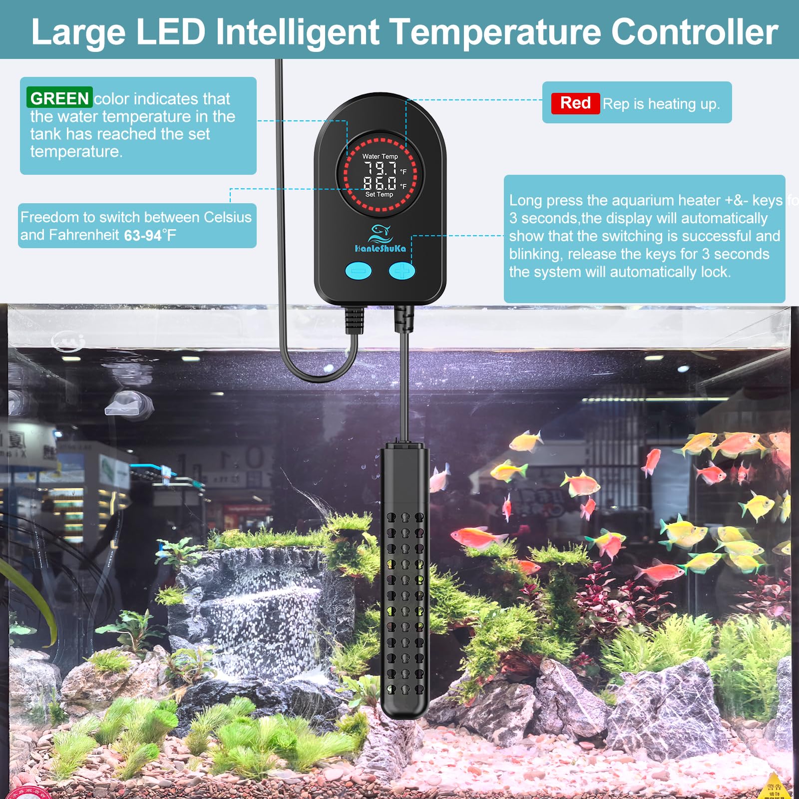 HANLESHUKA submersible aquarium heater 300W temperature panel enables precise Celsius or Fahrenheit control