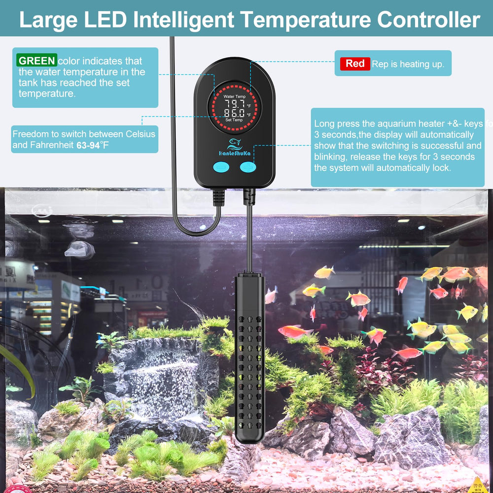 HANLESHUKA submersible aquarium heater 300W temperature panel enables precise Celsius or Fahrenheit control