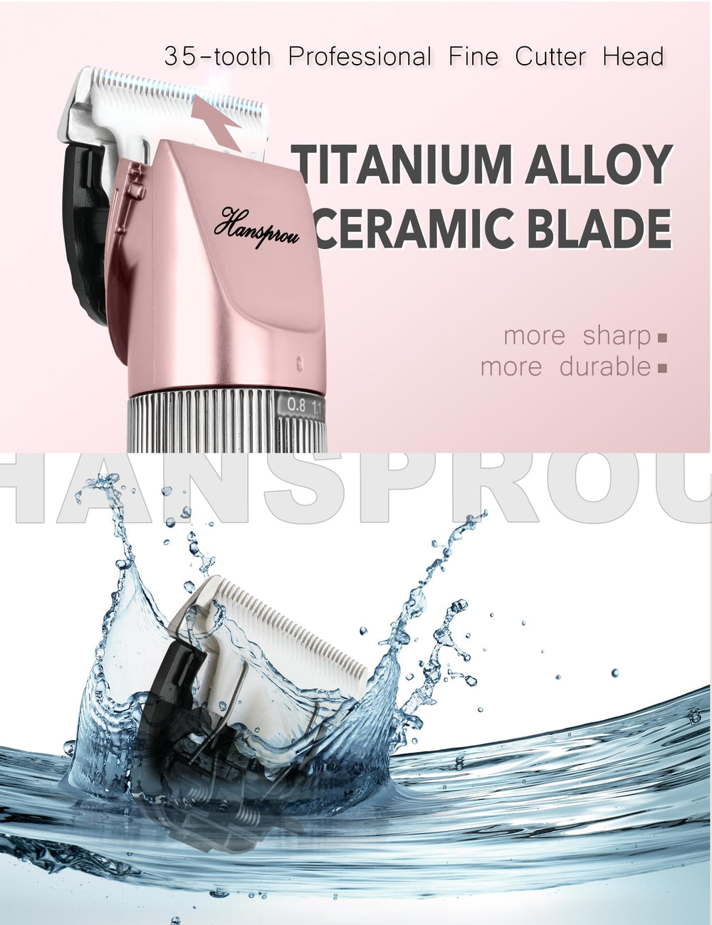 Hansprou dog clippers titanium alloy blade with ceramic moving blade for clean cuts.