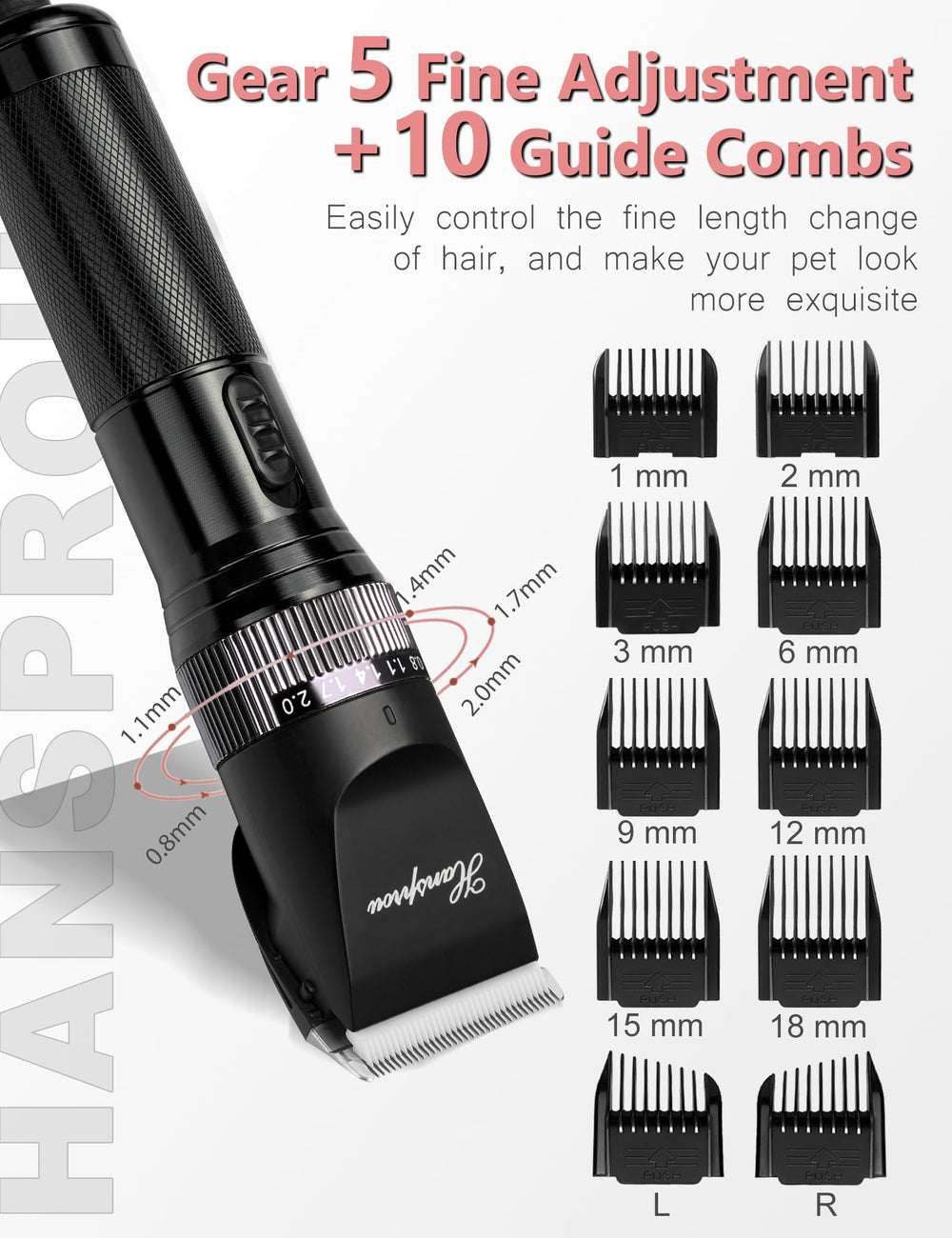 Hansprou guard combs length options enable quick size adjustments.