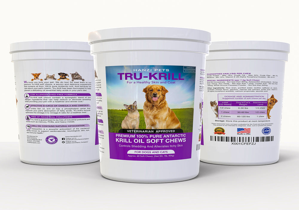 Hanzi Pets Krill oil chews—low allergen and low calorie treat.