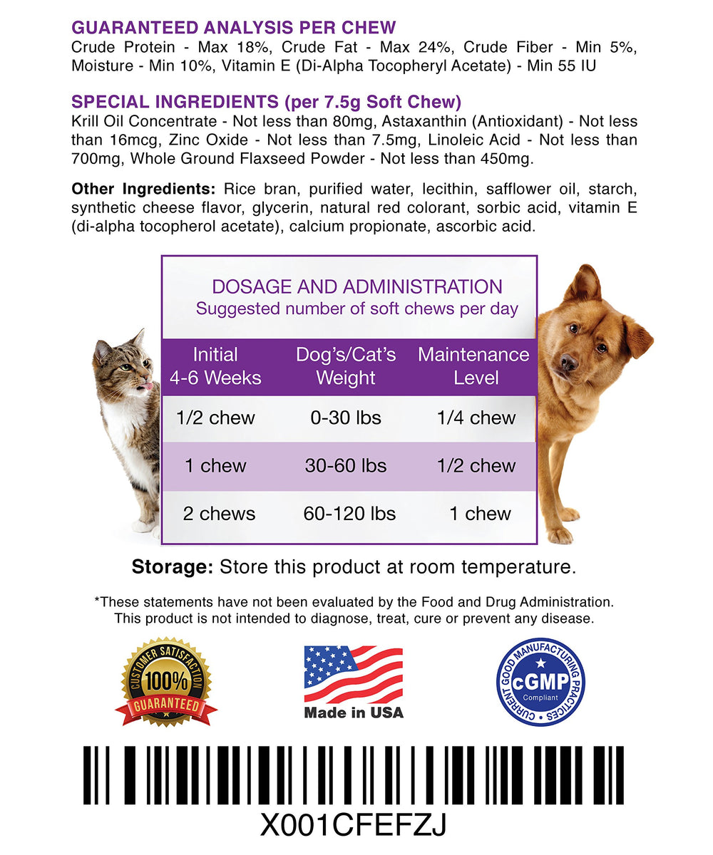 Hanzi Pets Omega-3 Omega-6 chews—phospholipid carrier improves fatty acid absorption.