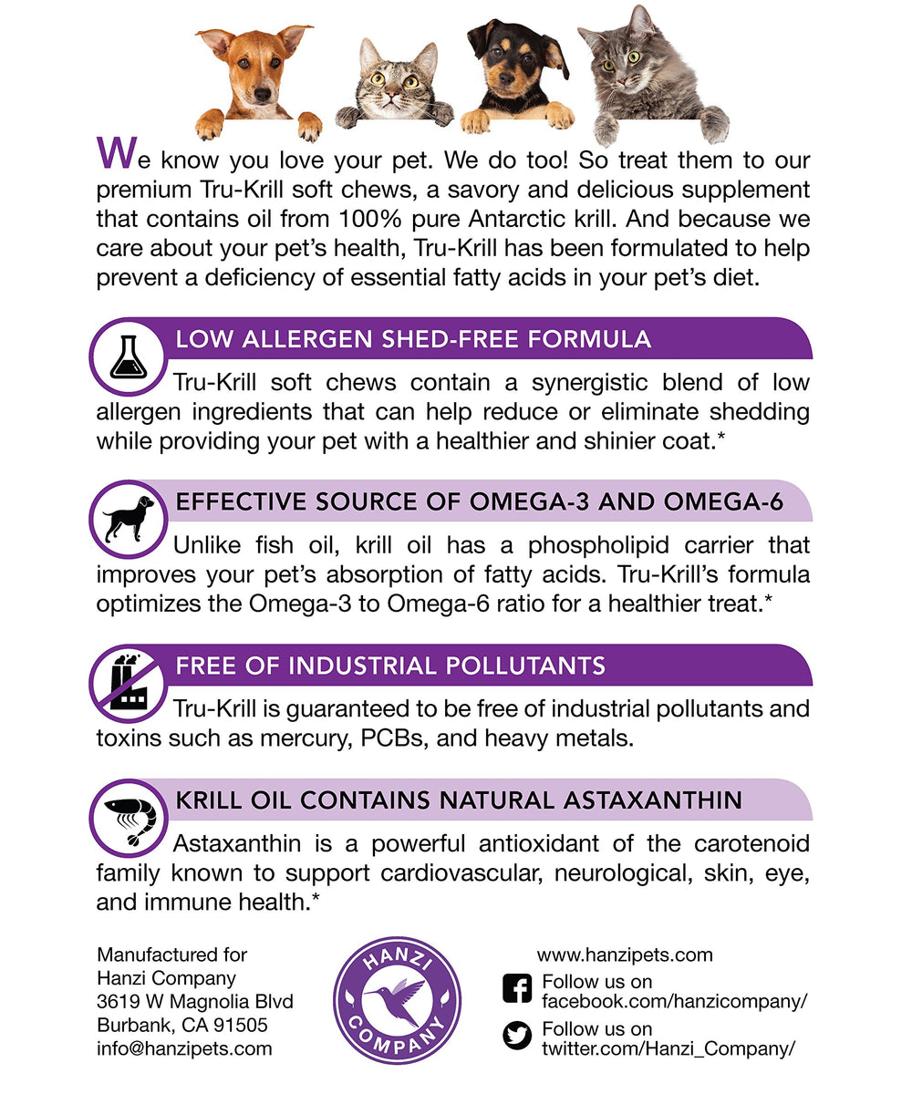 Hanzi Pets Soft Chews coat shine close-up—gluten-free, low-allergen formula for sensitive dogs.