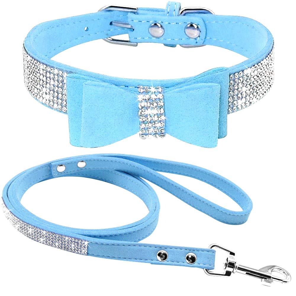 Haoyueer blue crystal dog collar XS showcases sparkling rhinestones for stylish daily walks.