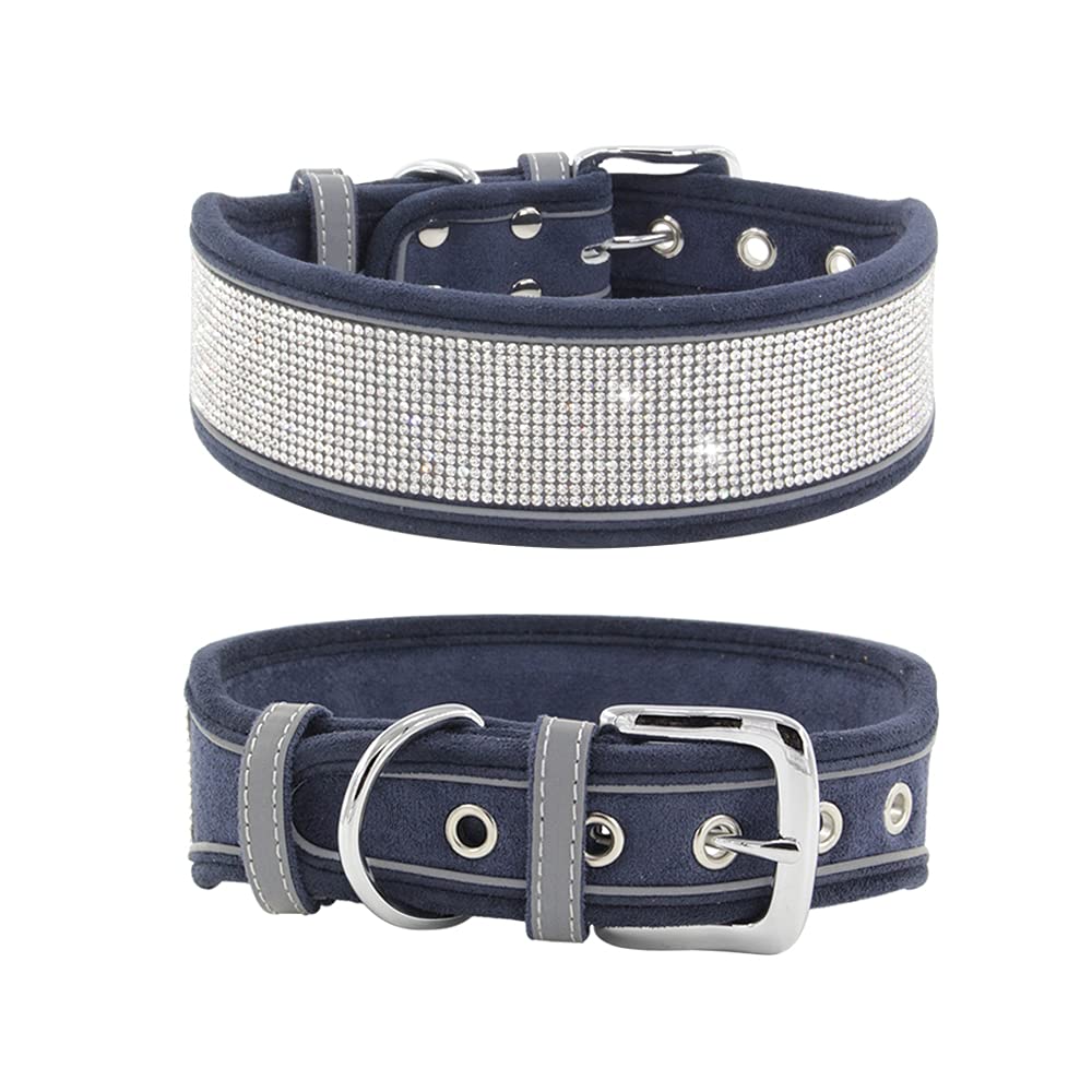 haoyueer rhinestone dog collar navy full view showcases sparkling crystals and stylish design for large dogs.