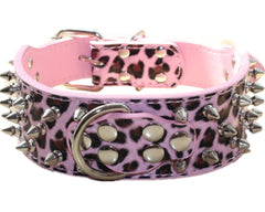 Haoyueer spiked leather dog collar in pink leopard pattern, stylish daily-wear for medium to large dogs