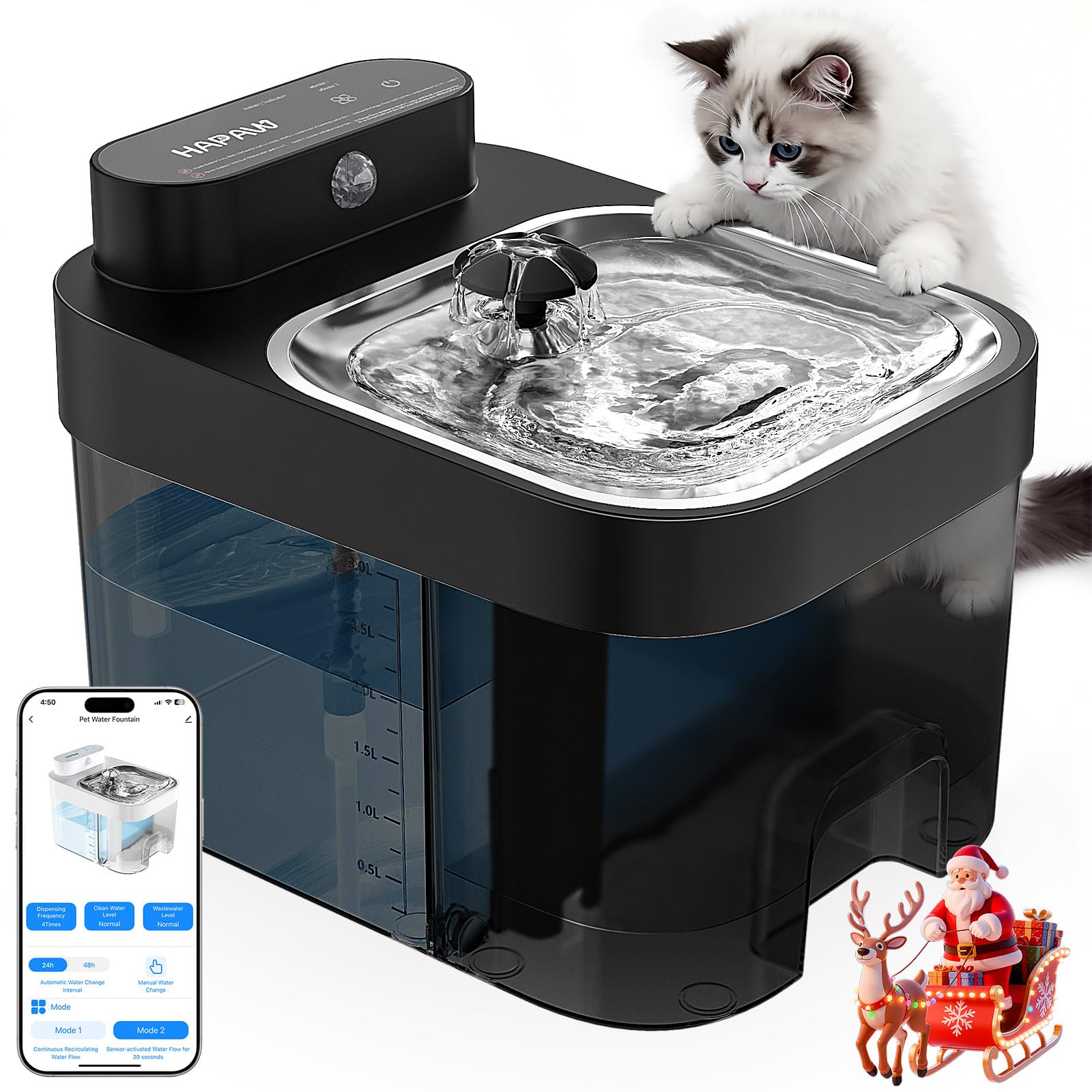 HAPAW cat fountain front view showing compact indoor design