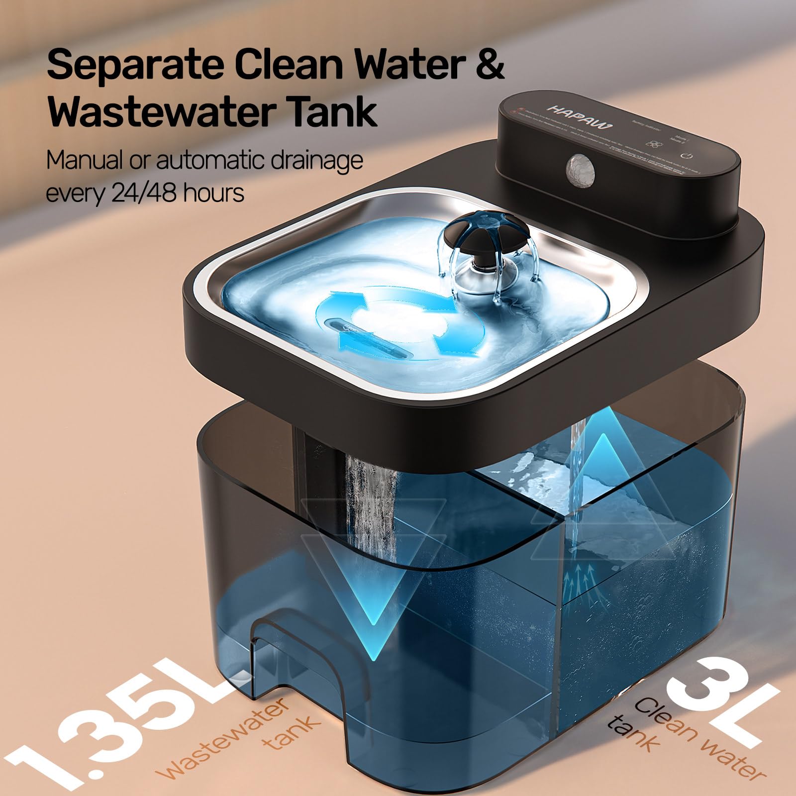 HAPAW cat fountain top view highlights dual tanks for separation