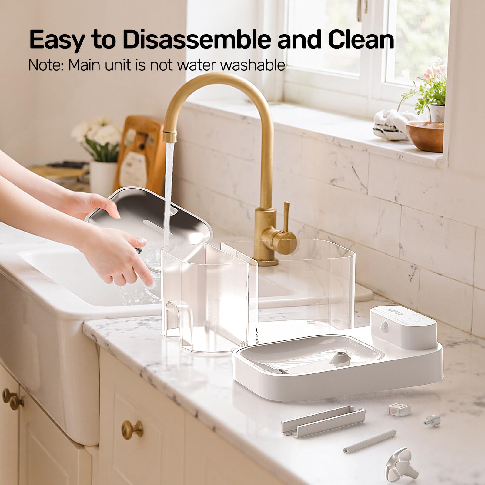 HAPAW cat water fountain cleaning tips illustration showcases easy maintenance steps.
