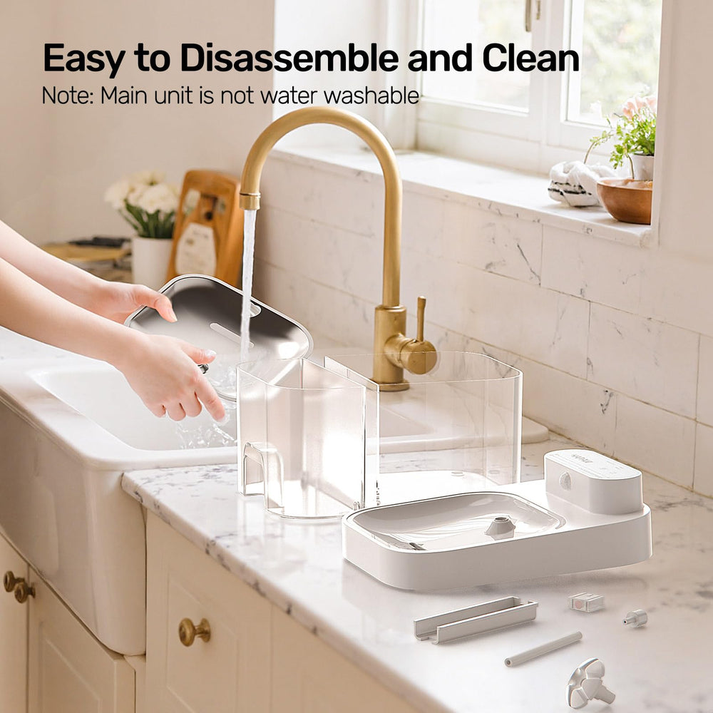 HAPAW cat water fountain cleaning tips illustration showcases easy maintenance steps.
