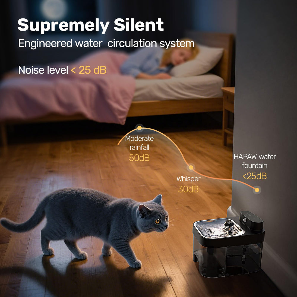 HAPAW fountain offers plug-in power for reliable home use.