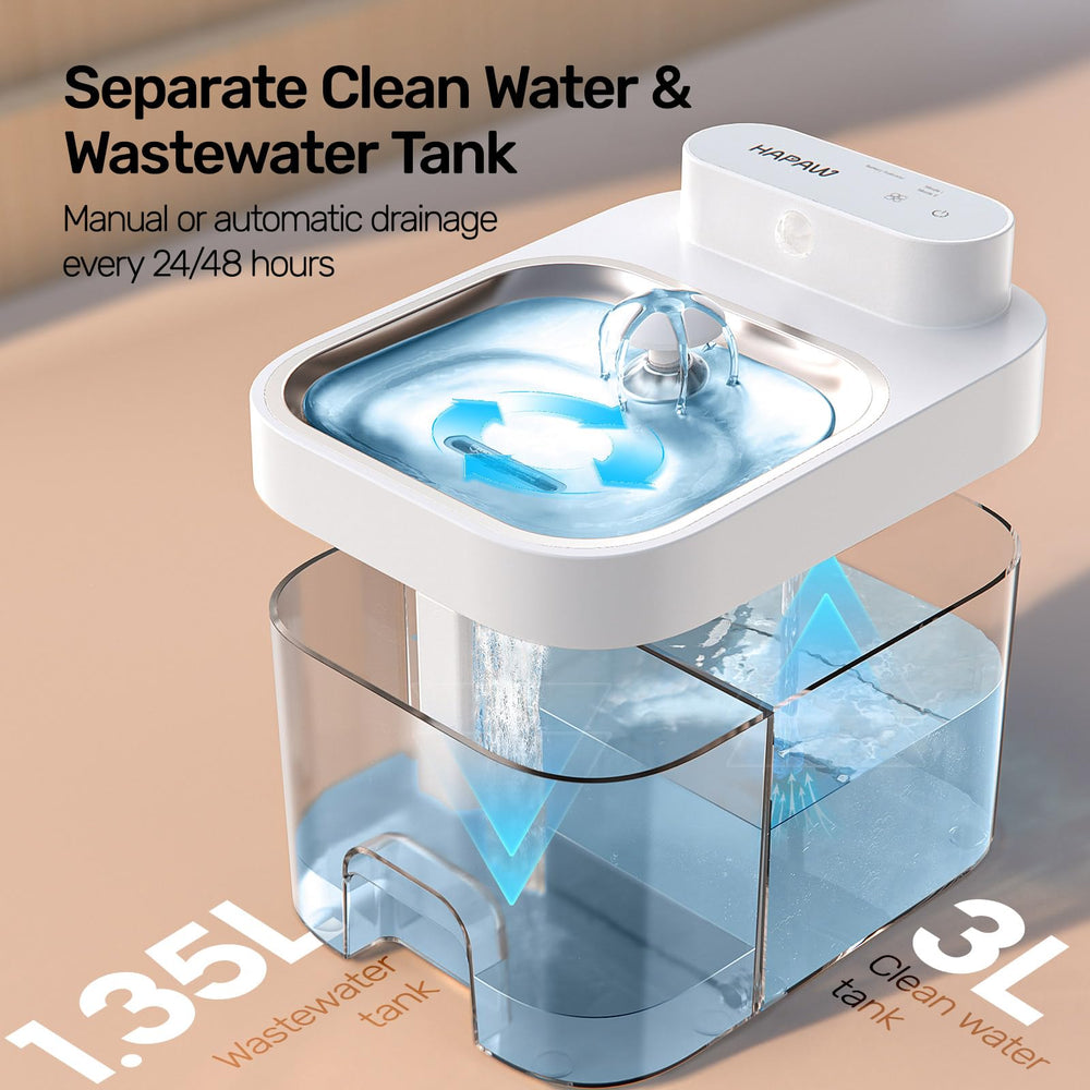 HAPAW cat water fountain separation system highlights no-filter design for clean water.