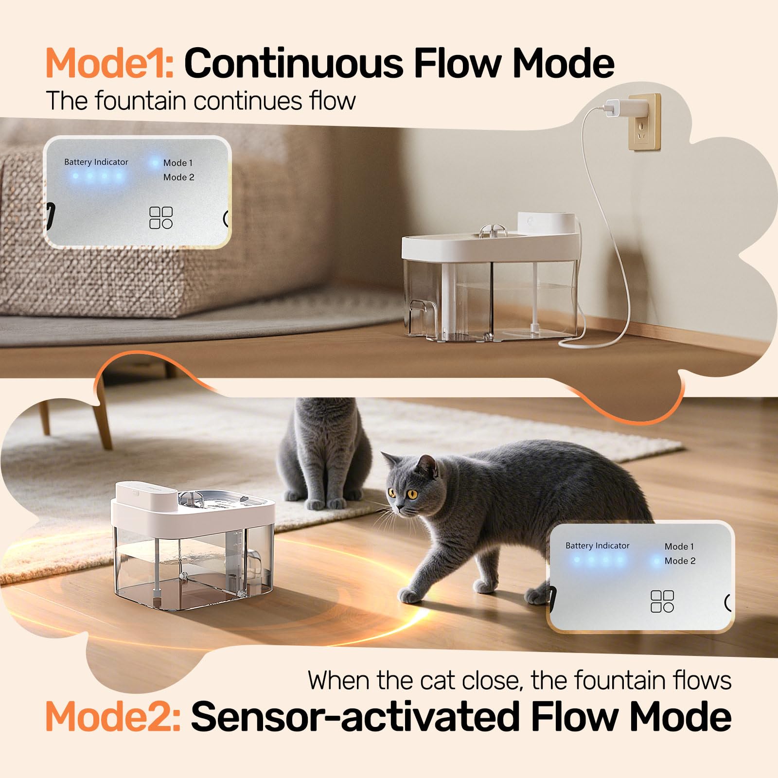HAPAW cat water fountain dual water modes image demonstrates smart-sensing and continuous flow.