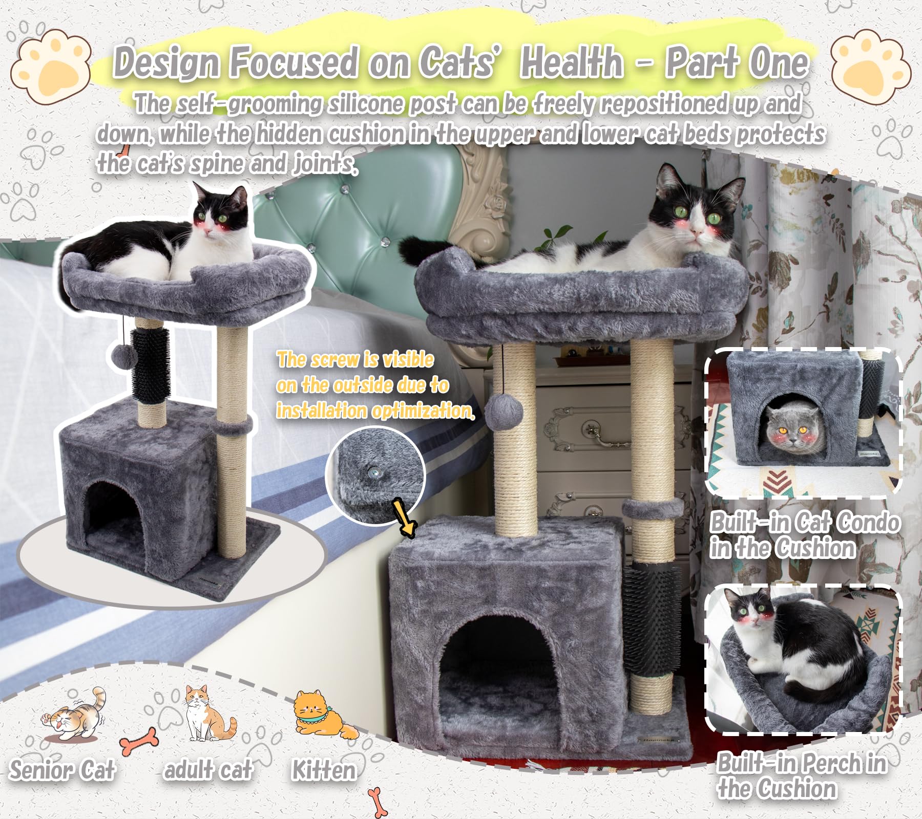 Hapineko cat tree self-groomer promotes grooming moments and hair-free lounging between play sessions.