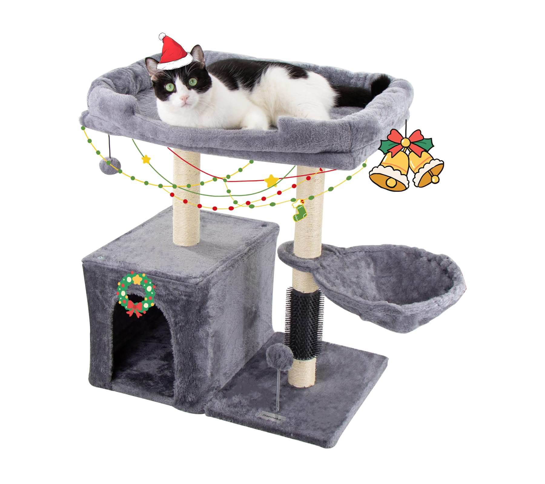 Hapineko cat tree tower full view showcases compact, space-saving design for indoor cats.