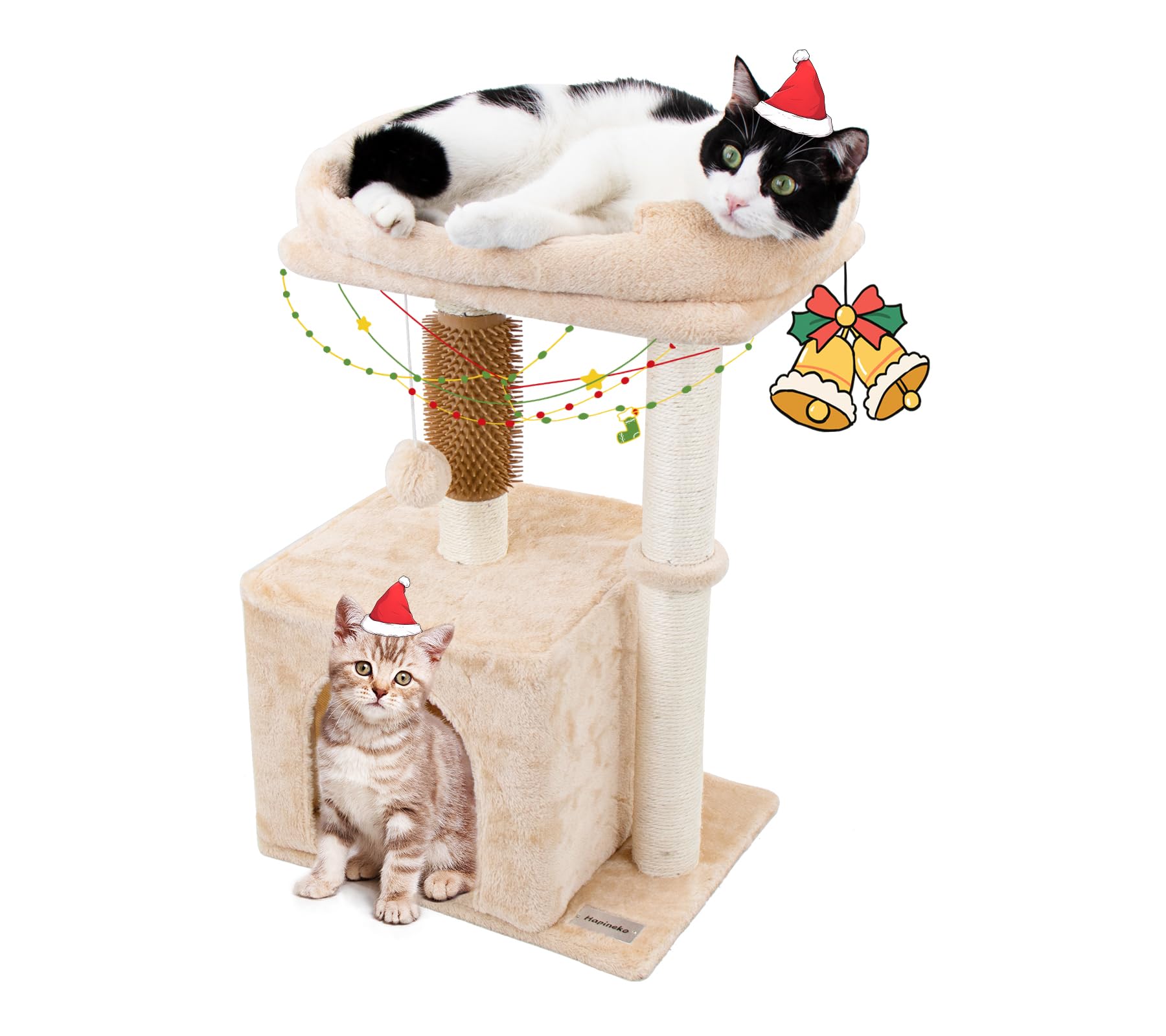 Hapineko cat tree tower perch in beige provides cozy rest and feline enrichment for indoor cats.
