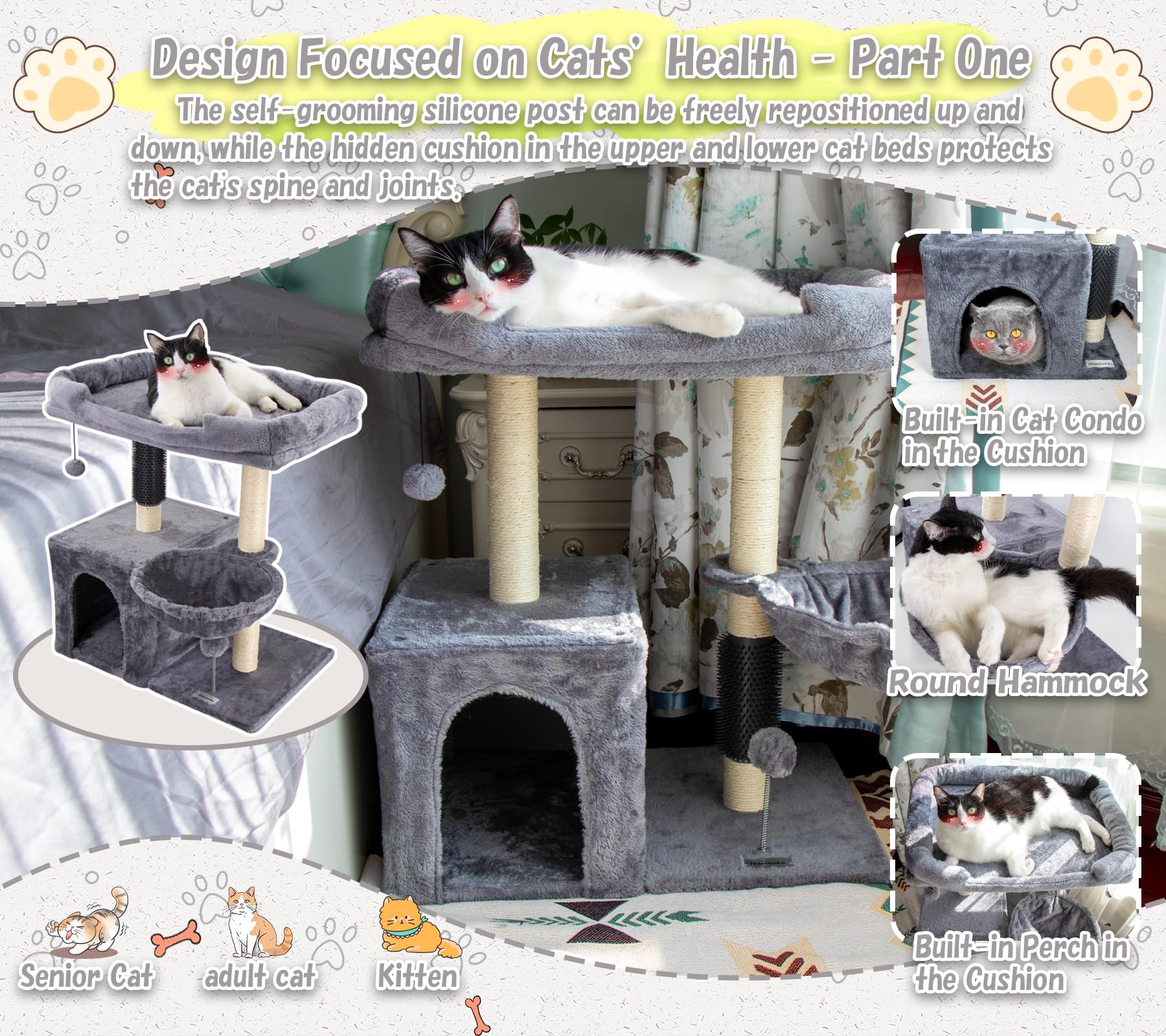 Hapineko cat tree tower plush perch with cushions for comfort.