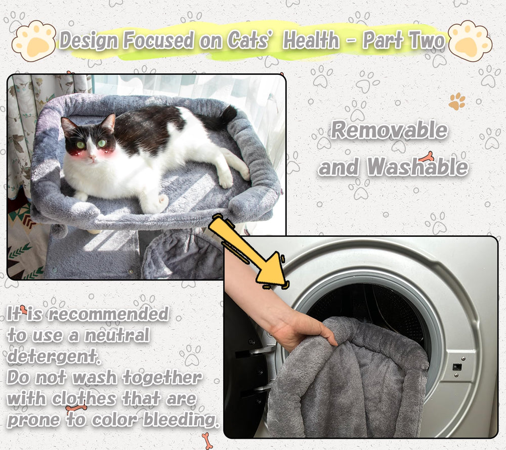 Hapineko cat tree tower self-groomer helps manage loose fur between baths.